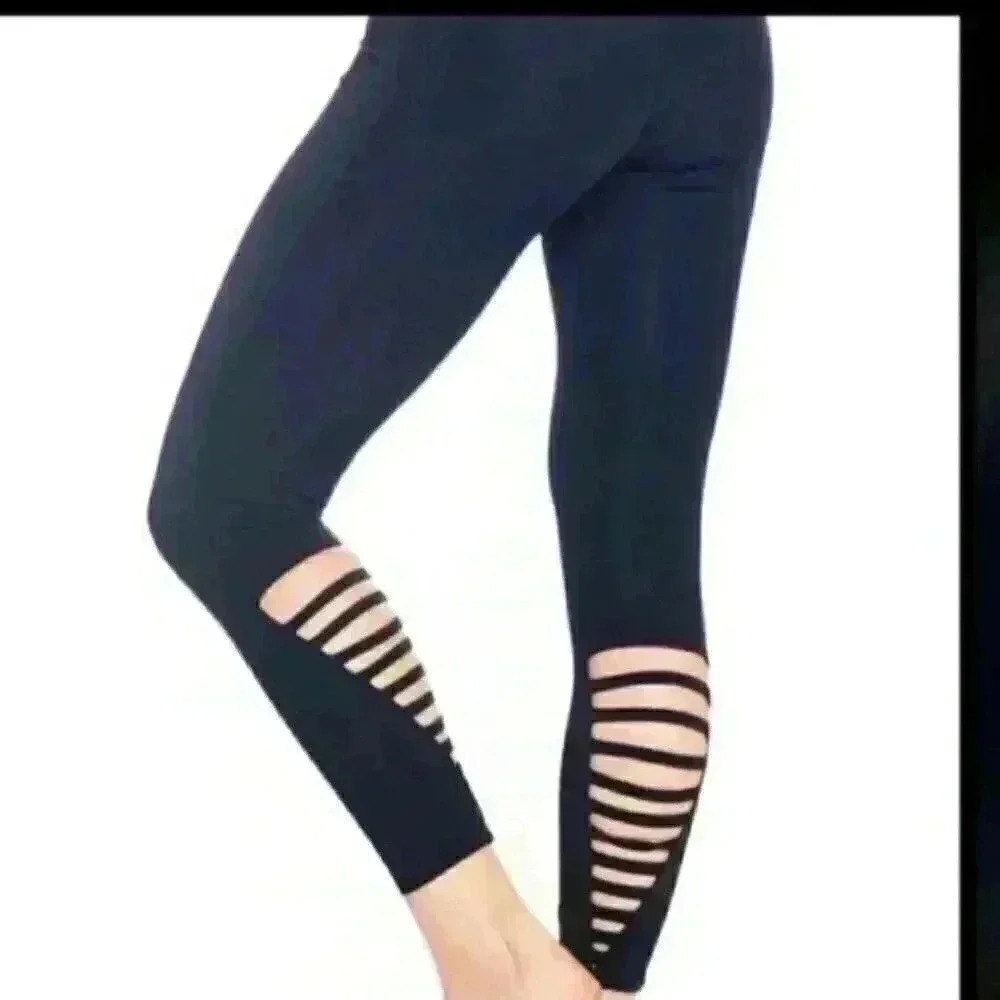Purple Slate Onzie High Waist EUC leggings crisscross cutout leg detail M/L 22"